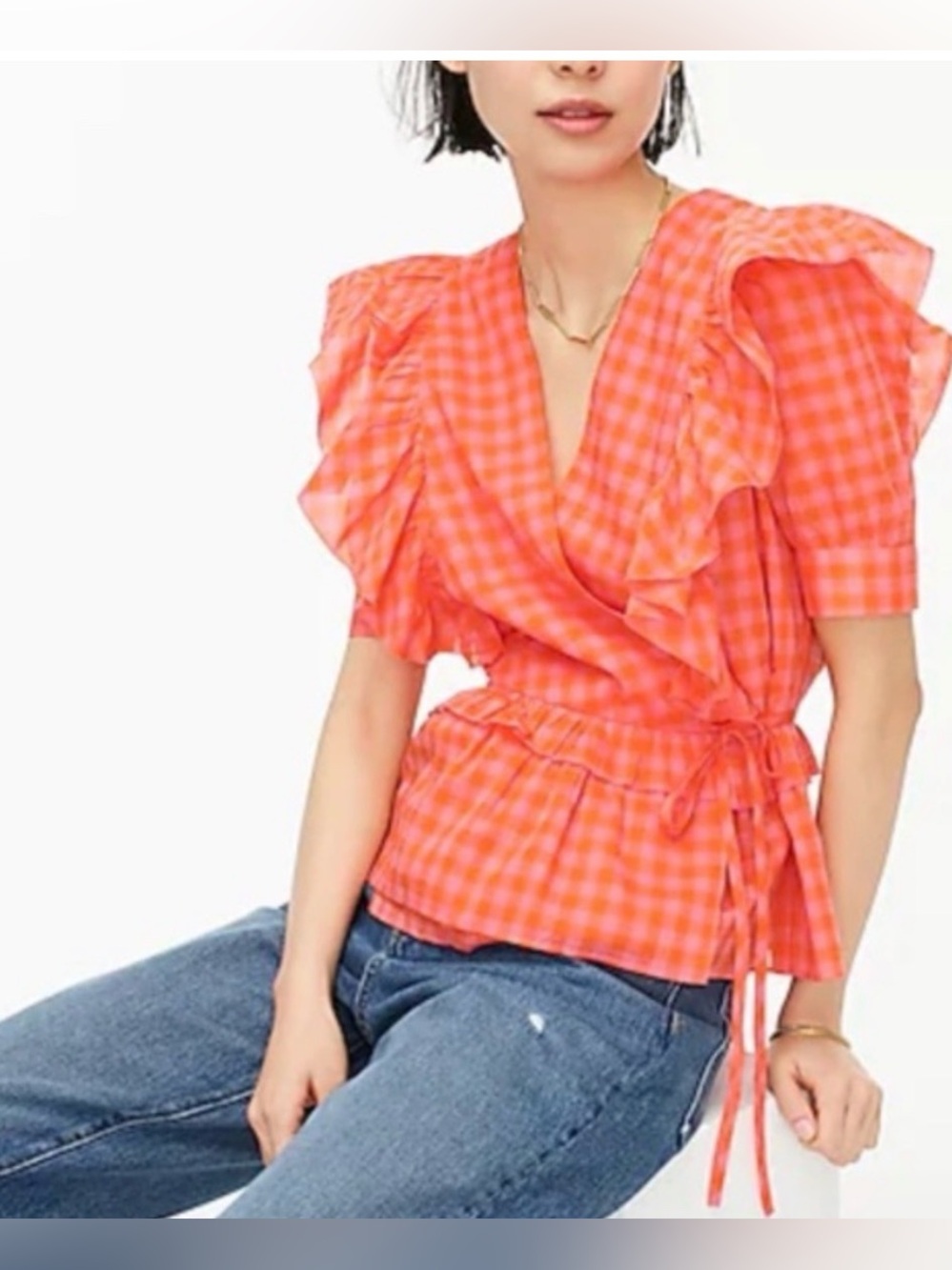NEW J. Crew Orange Gingham Ruffle Wrap Top 2x
